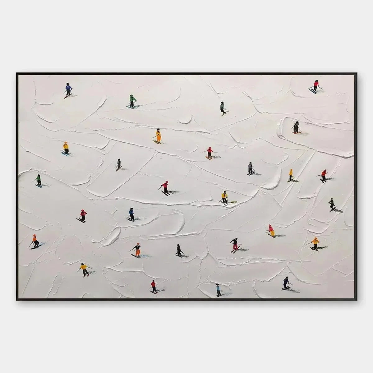 SKI SLOPES: Minimalist Painting of Skiers on a Snowy Slope | hanging in living room, Minimalist wall art