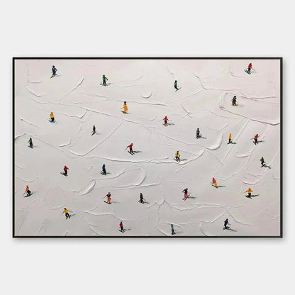 SKI SLOPES: Minimalist Painting of Skiers on a Snowy Slope | hanging in living room, Minimalist wall art