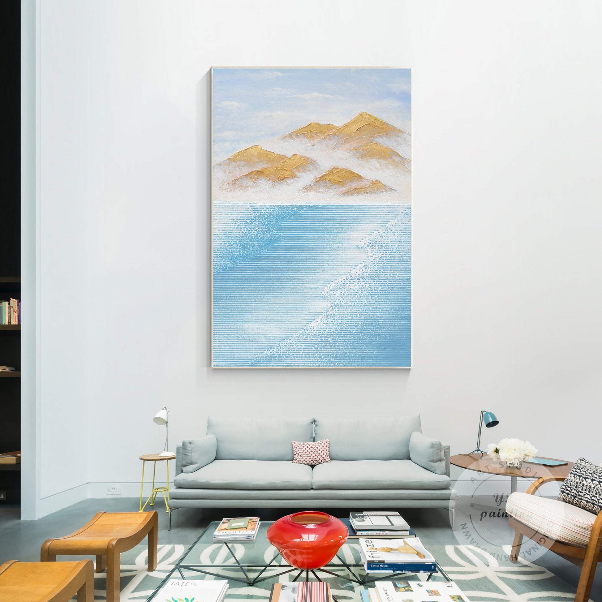 Sky Blue & Gold Mountain Texture Painting: Original Abstract Canvas Art #4