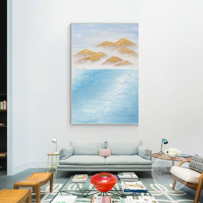 Sky Blue & Gold Mountain Texture Painting: Original Abstract Canvas Art #4