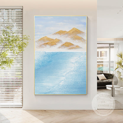 Sky Blue & Gold Mountain Texture Painting: Original Abstract Canvas Art #5
