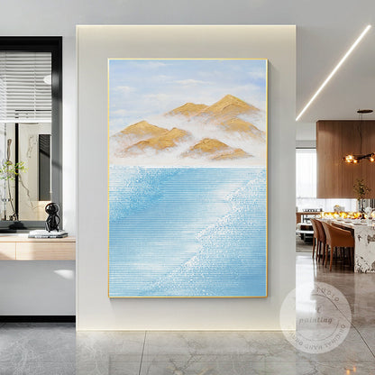 Sky Blue & Gold Mountain Texture Painting: Original Abstract Canvas Art #1