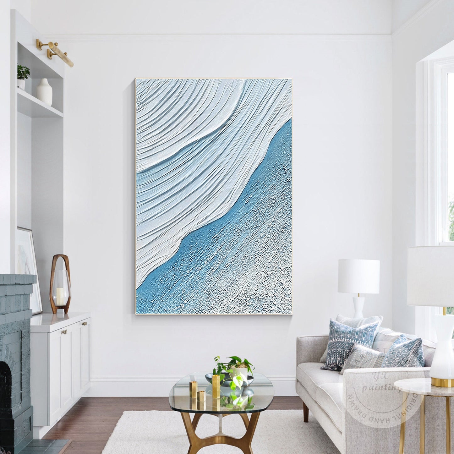 Sky Blue White Seascape Texture Wall Art, Original Sea Waves Painting on Canvas, #3