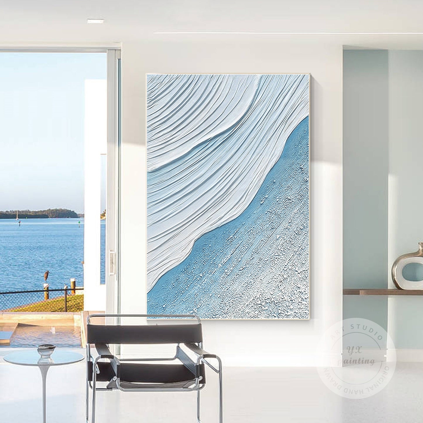 Sky Blue White Seascape Texture Wall Art, Original Sea Waves Painting on Canvas, #5