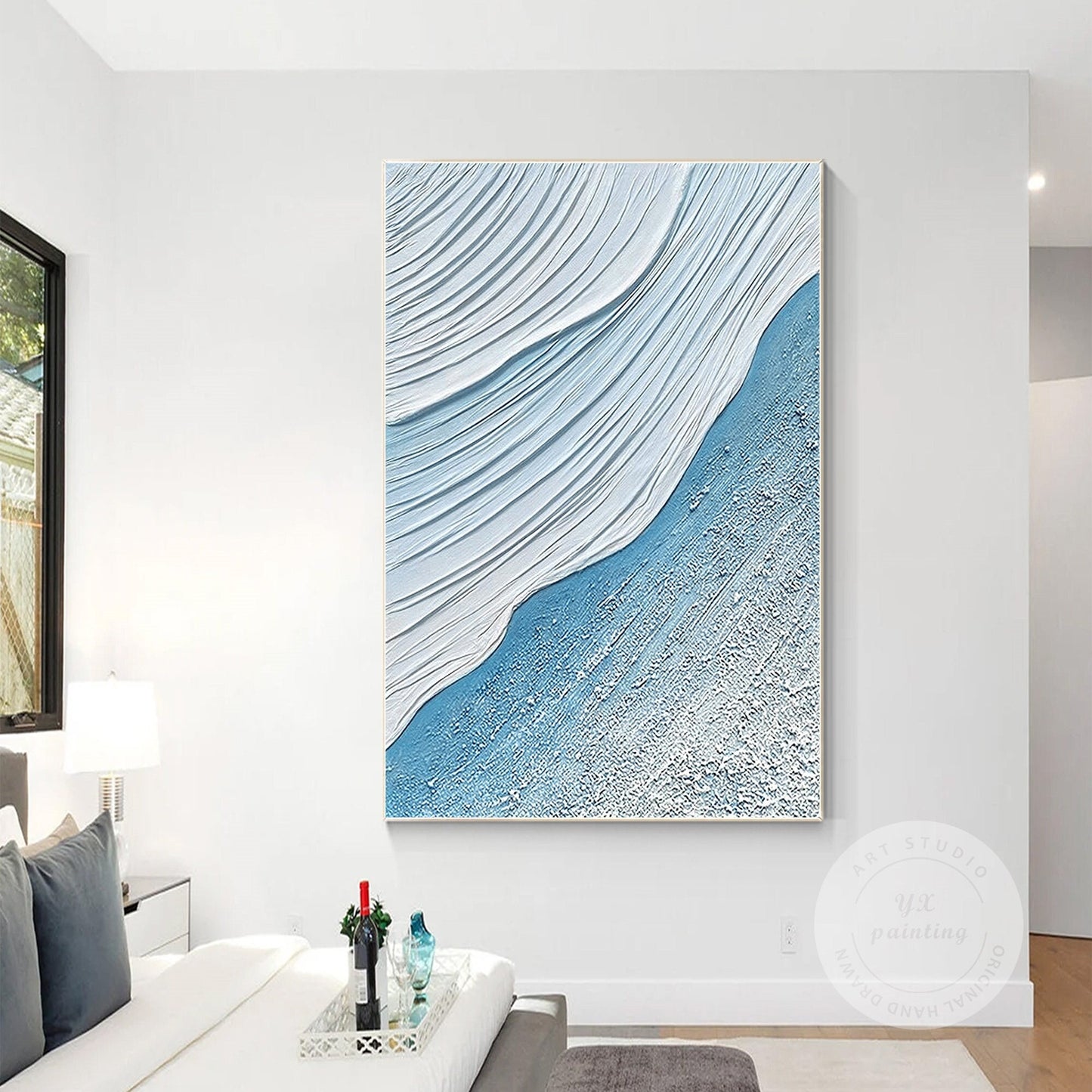 Sky Blue White Seascape Texture Wall Art, Original Sea Waves Painting on Canvas, #1
