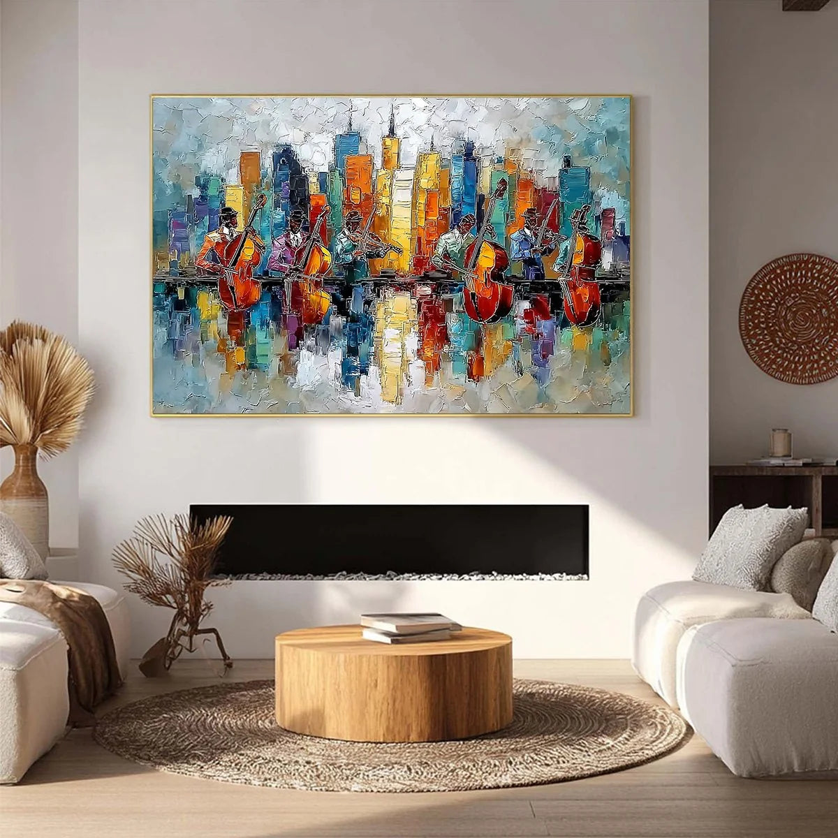 SKYLINE SONATA: Textured Palette Knife Painting of Musicians and Cityscape | Abstract closeup, raised brushwork detail