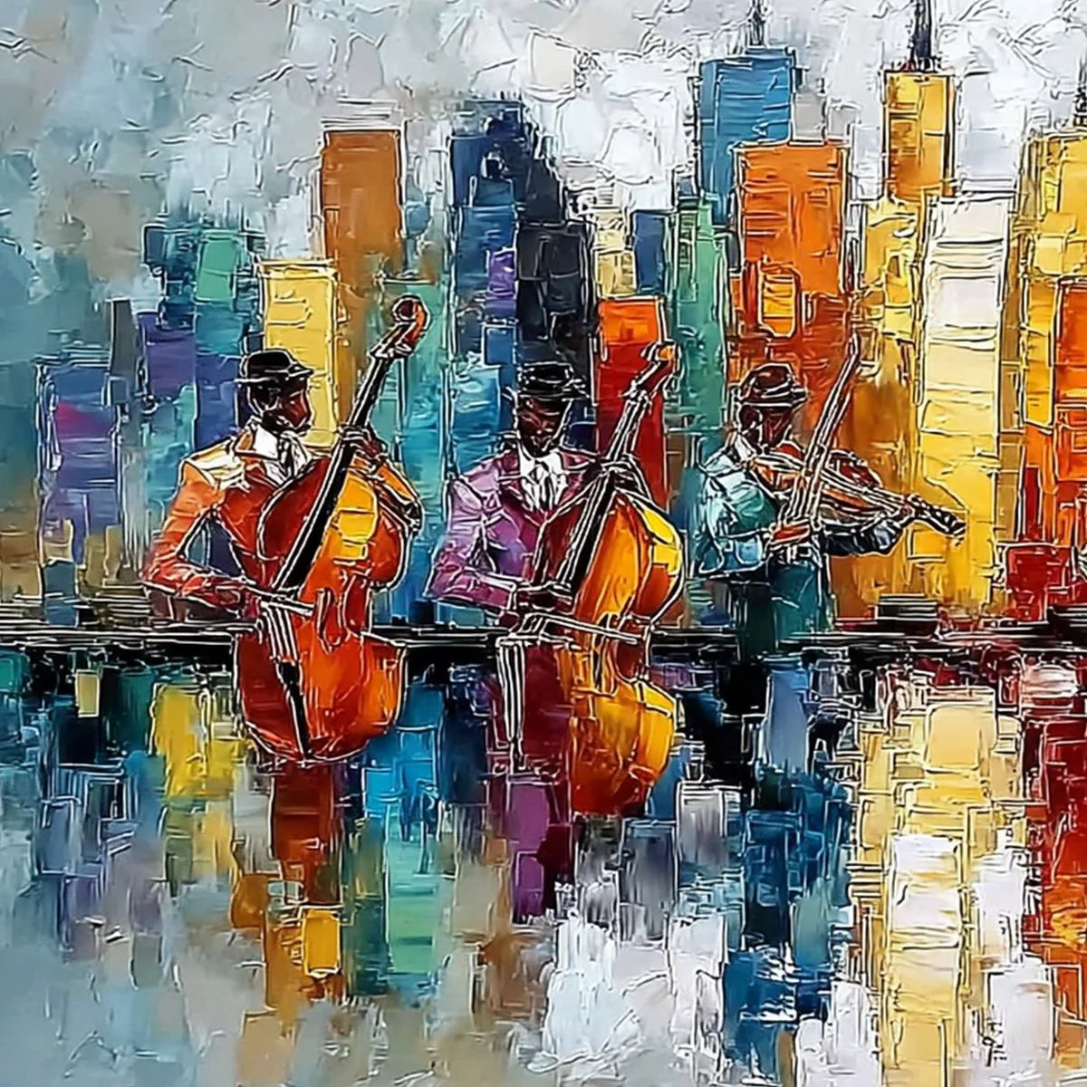 SKYLINE SONATA: Textured Palette Knife Painting of Musicians and Cityscape | rectangular format, hand-painted canvas edge