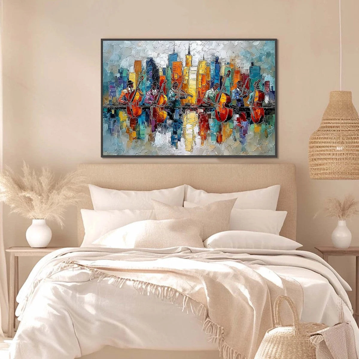 SKYLINE SONATA: Textured Palette Knife Painting of Musicians and Cityscape | gold frame stretched on neutral wall