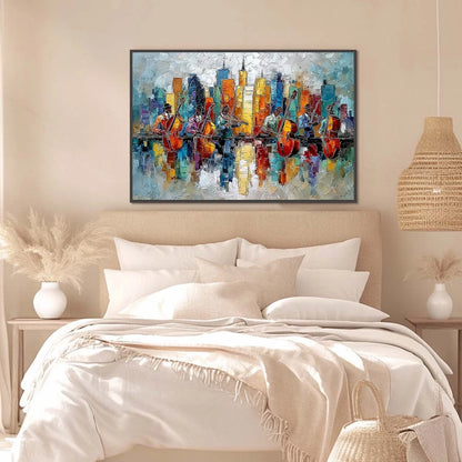 SKYLINE SONATA: Textured Palette Knife Painting of Musicians and Cityscape | gold frame stretched on neutral wall