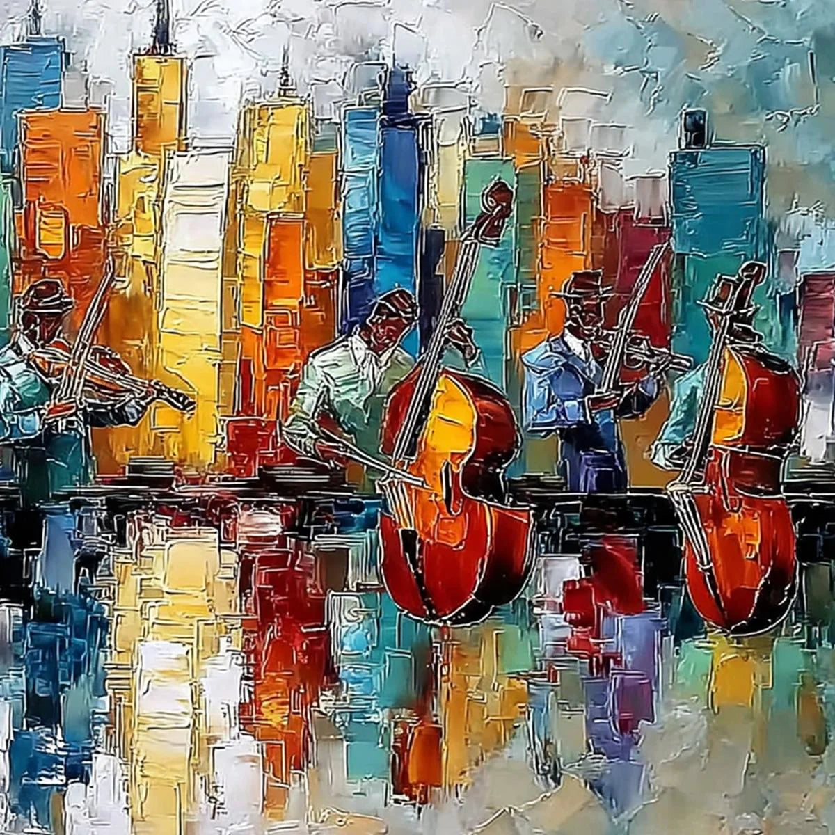 SKYLINE SONATA: Textured Palette Knife Painting of Musicians and Cityscape | rolled canvas, ready for custom framing