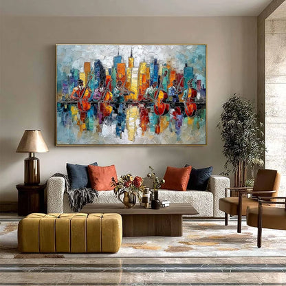 SKYLINE SONATA: Textured Palette Knife Painting of Musicians and Cityscape | black frame version on white wall