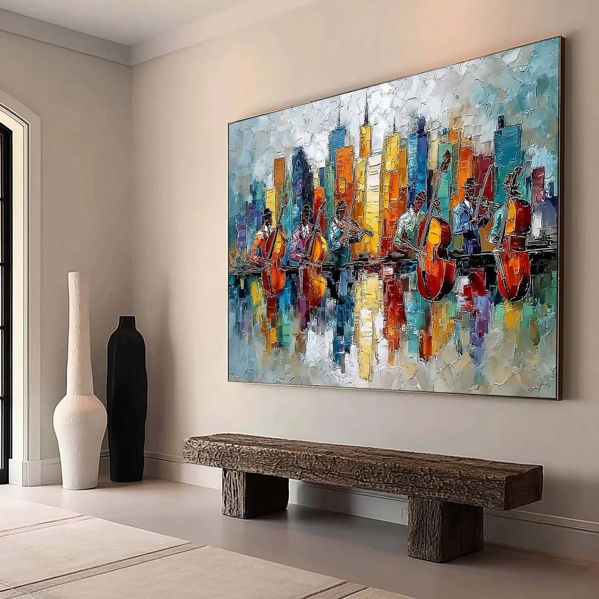 SKYLINE SONATA: Textured Palette Knife Painting of Musicians and Cityscape | Abstract mood, soft natural light studio shot