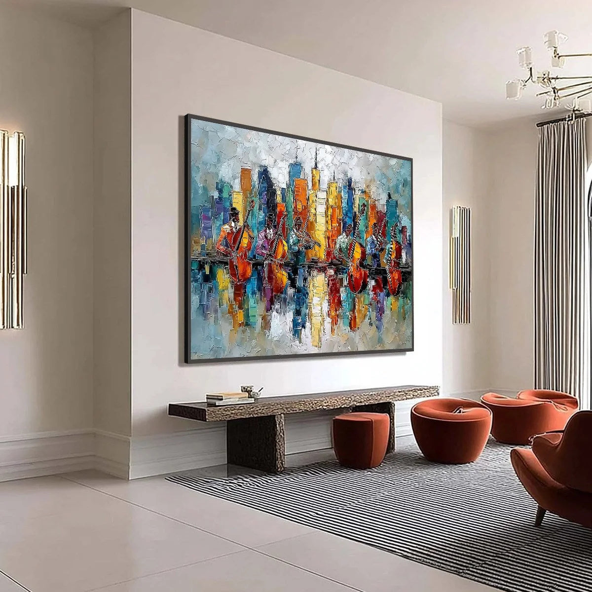 SKYLINE SONATA: Textured Palette Knife Painting of Musicians and Cityscape | multi-color palette, original oil on stretched canvas art
