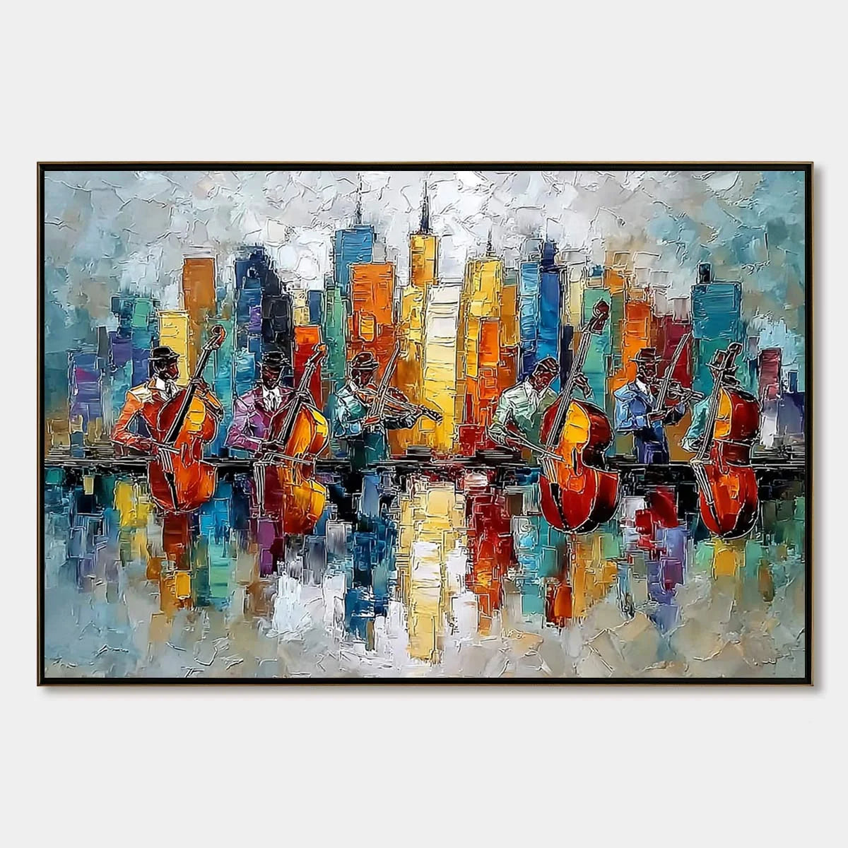 SKYLINE SONATA: Textured Palette Knife Painting of Musicians and Cityscape | hanging in living room, Abstract wall art