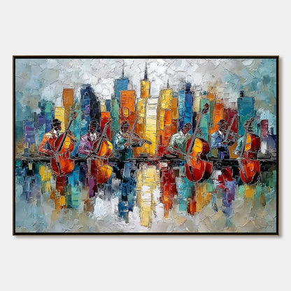 SKYLINE SONATA: Textured Palette Knife Painting of Musicians and Cityscape | hanging in living room, Abstract wall art