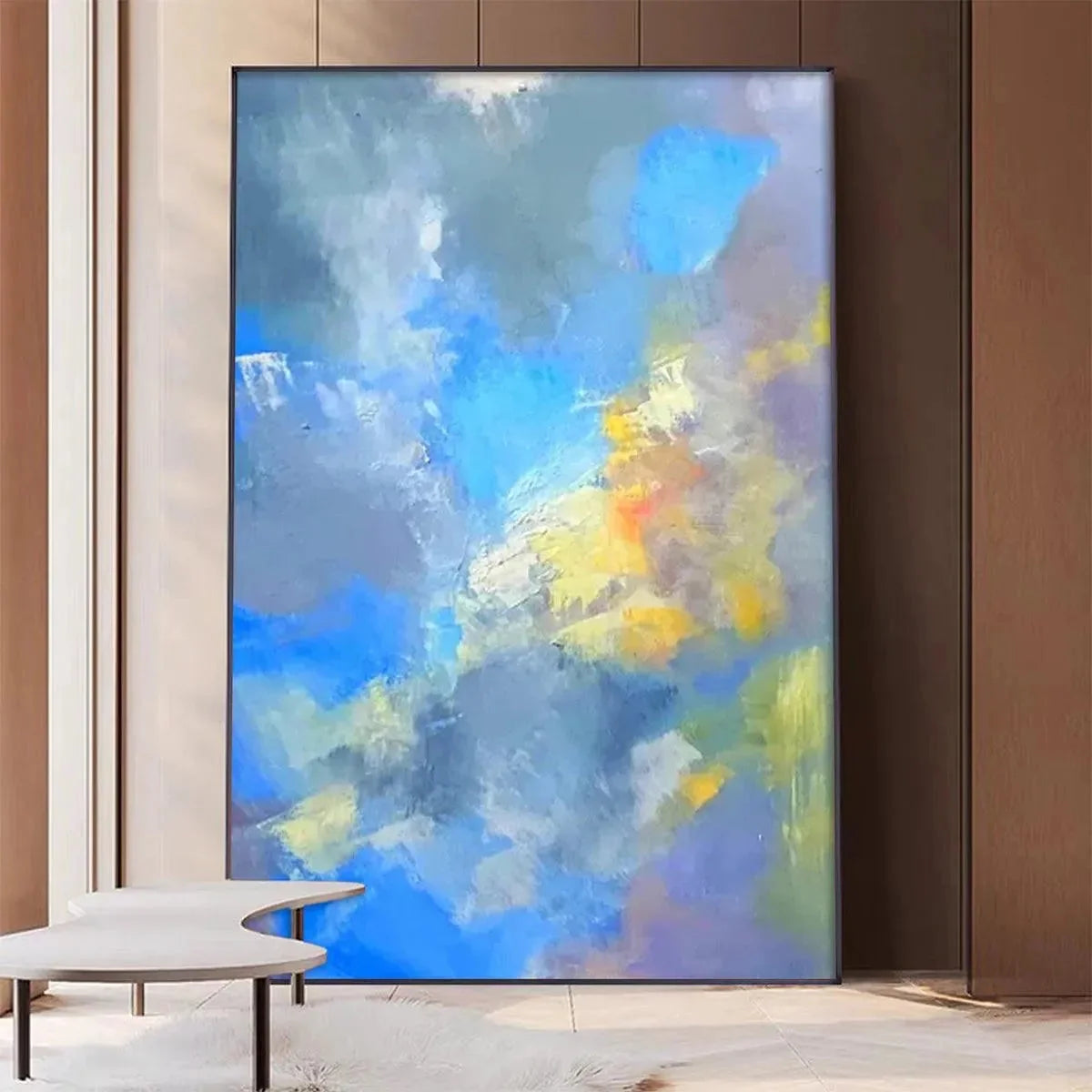 SKYSCAPE SERENADE: Abstract Painting, Blue and Yellow Wall Art, Textured Canvas, Vertical | Abstract closeup, raised brushwork detail