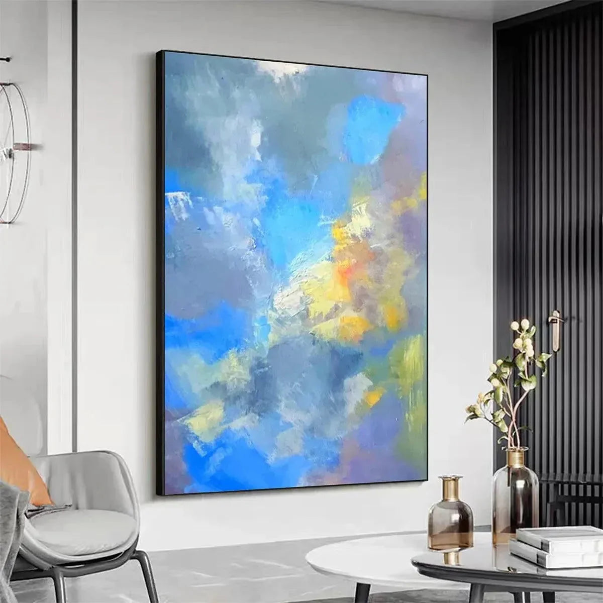 SKYSCAPE SERENADE: Abstract Painting, Blue and Yellow Wall Art, Textured Canvas, Vertical | gold frame stretched on neutral wall