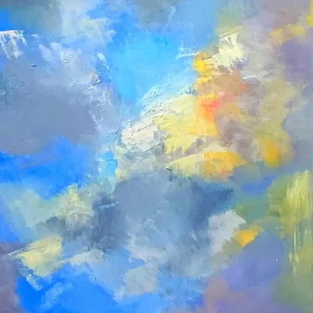 SKYSCAPE SERENADE: Abstract Painting, Blue and Yellow Wall Art, Textured Canvas, Vertical | black frame version on white wall