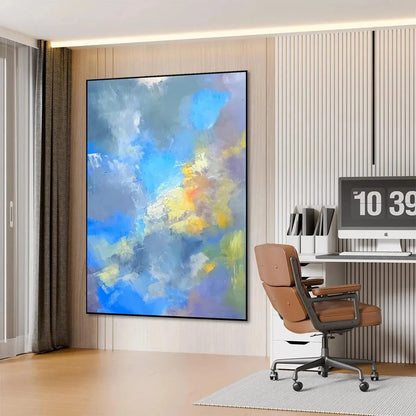 SKYSCAPE SERENADE: Abstract Painting, Blue and Yellow Wall Art, Textured Canvas, Vertical | Abstract mood, soft natural light studio shot
