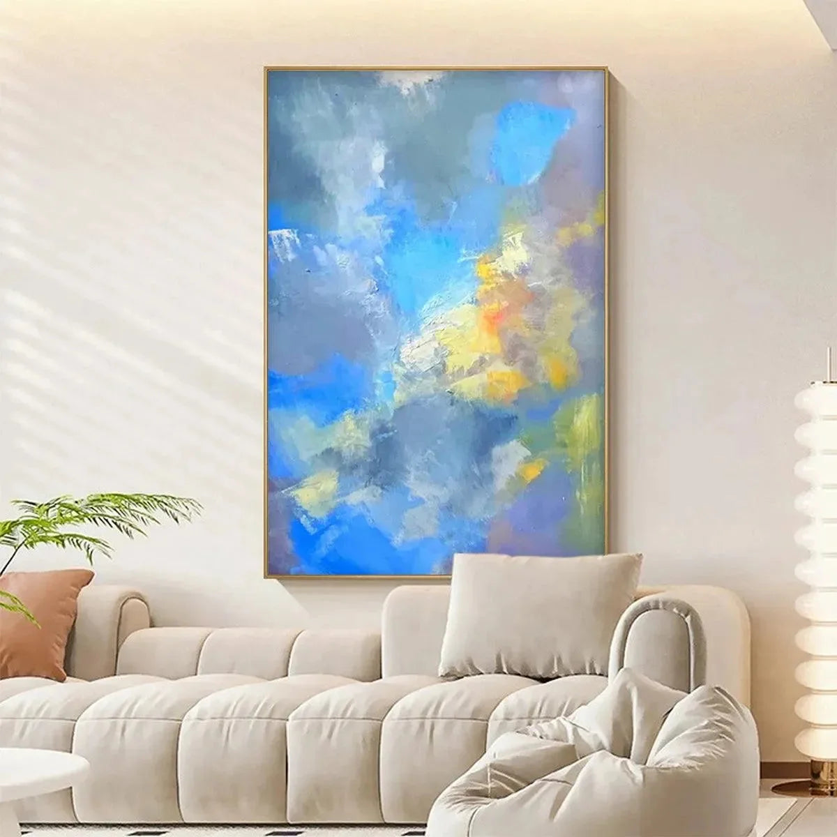 SKYSCAPE SERENADE: Abstract Painting, Blue and Yellow Wall Art, Textured Canvas, Vertical | texture detail, palette knife marks visible