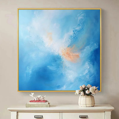 SKYSCAPE SERENITY: Abstract Blue and Peach Oil Painting | Abstract closeup, raised brushwork detail
