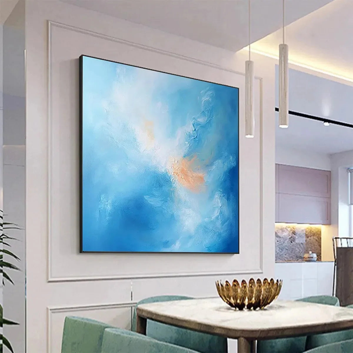 SKYSCAPE SERENITY: Abstract Blue and Peach Oil Painting | rectangular format, hand-painted canvas edge
