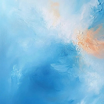 SKYSCAPE SERENITY: Abstract Blue and Peach Oil Painting | gold frame stretched on neutral wall