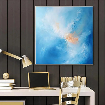 SKYSCAPE SERENITY: Abstract Blue and Peach Oil Painting | rolled canvas, ready for custom framing