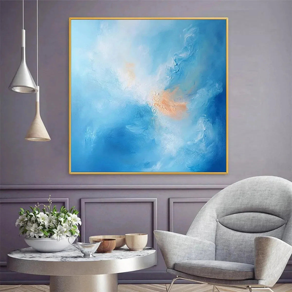 SKYSCAPE SERENITY: Abstract Blue and Peach Oil Painting | black frame version on white wall