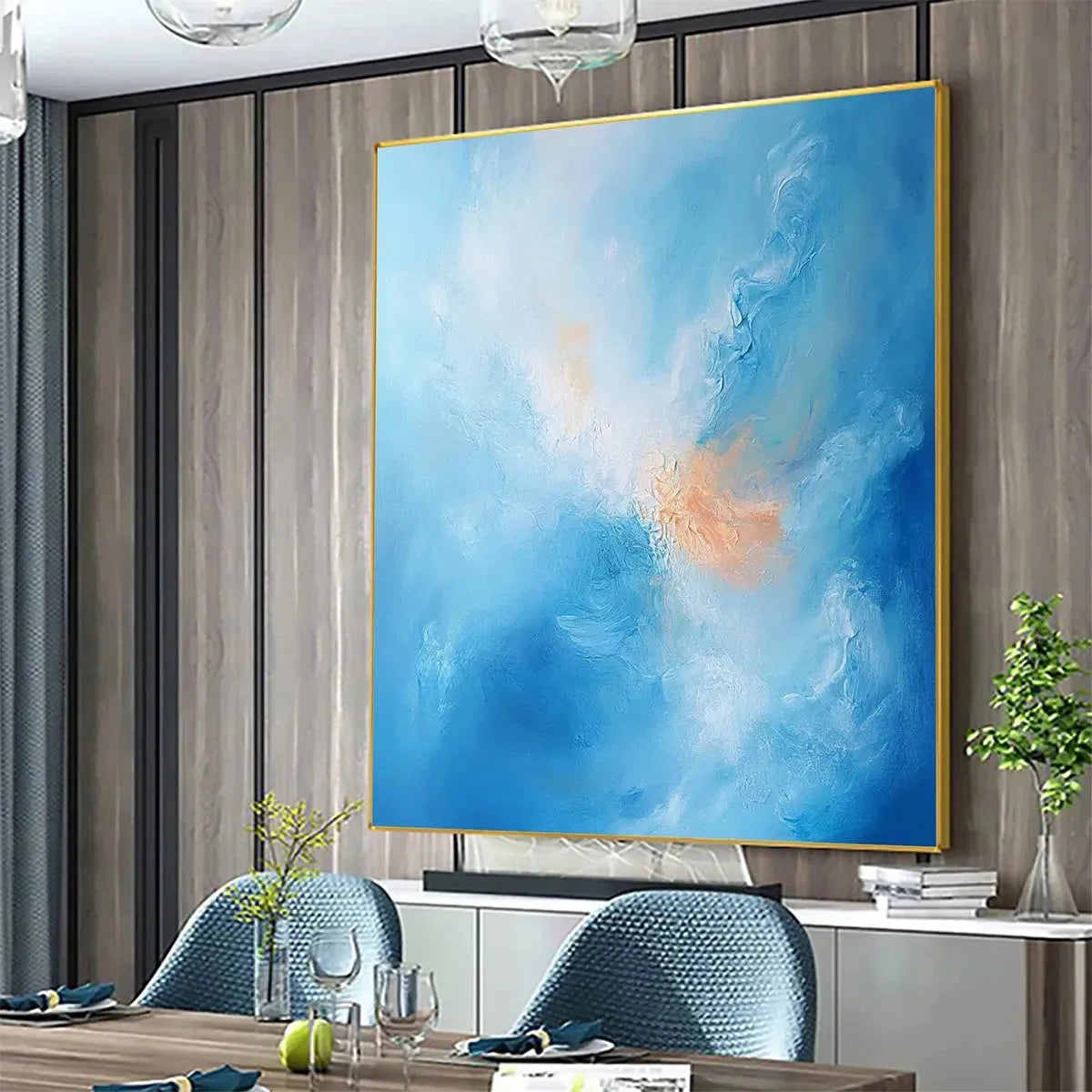 SKYSCAPE SERENITY: Abstract Blue and Peach Oil Painting | Abstract mood, soft natural light studio shot