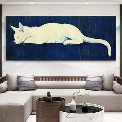 SLEEPING WHITE CAT PANORAMIC: Cat Painting, Panoramic Wall Art, Pet Portrait | Abstract closeup, raised brushwork detail