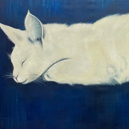 SLEEPING WHITE CAT PANORAMIC: Cat Painting, Panoramic Wall Art, Pet Portrait | rectangular format, hand-painted canvas edge