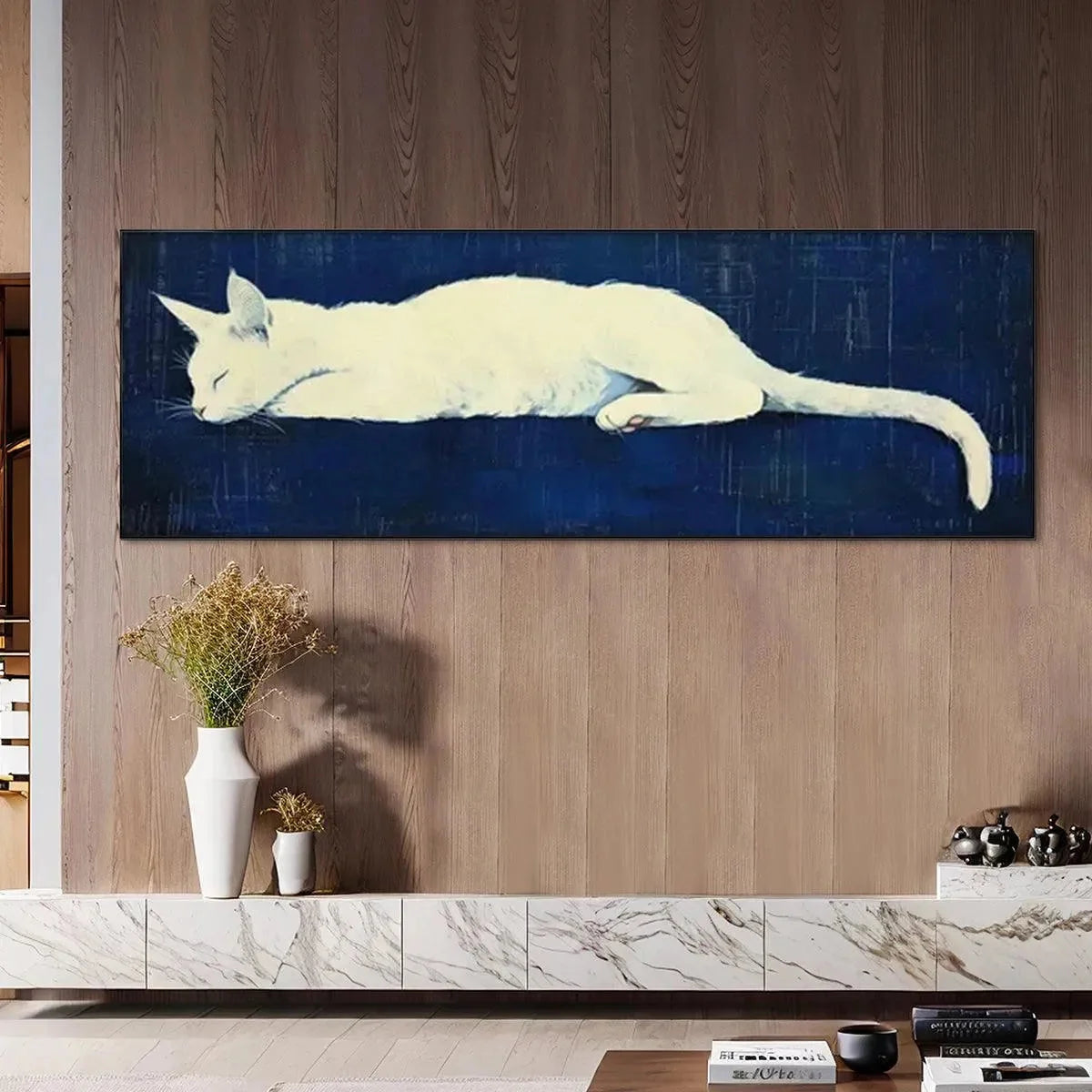SLEEPING WHITE CAT PANORAMIC: Cat Painting, Panoramic Wall Art, Pet Portrait | gold frame stretched on neutral wall