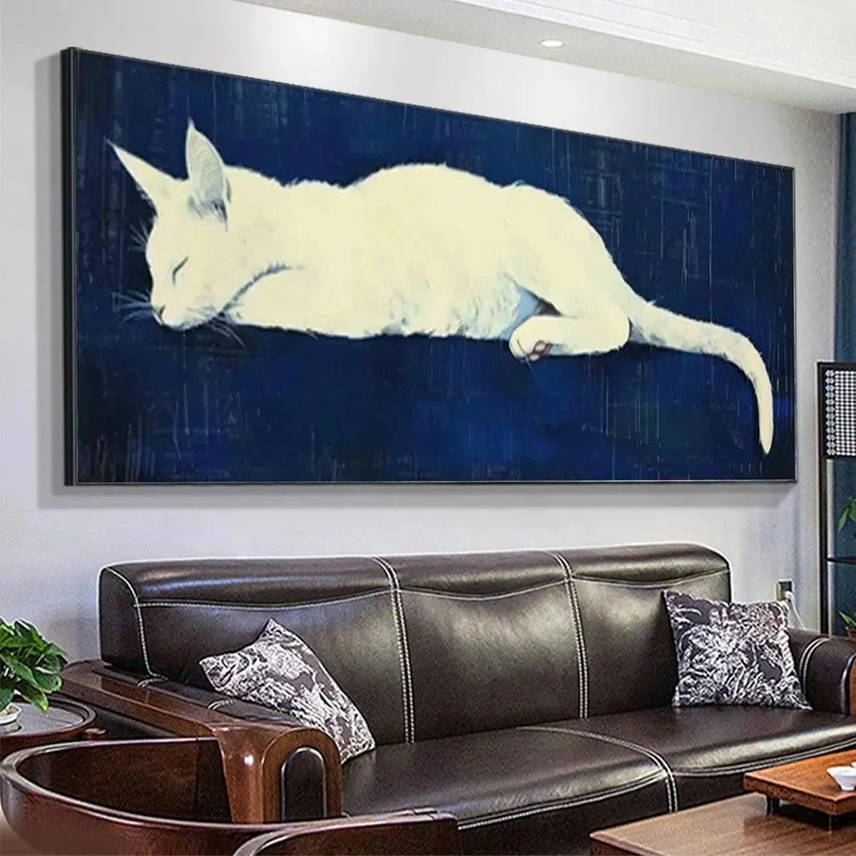 SLEEPING WHITE CAT PANORAMIC: Cat Painting, Panoramic Wall Art, Pet Portrait | rolled canvas, ready for custom framing