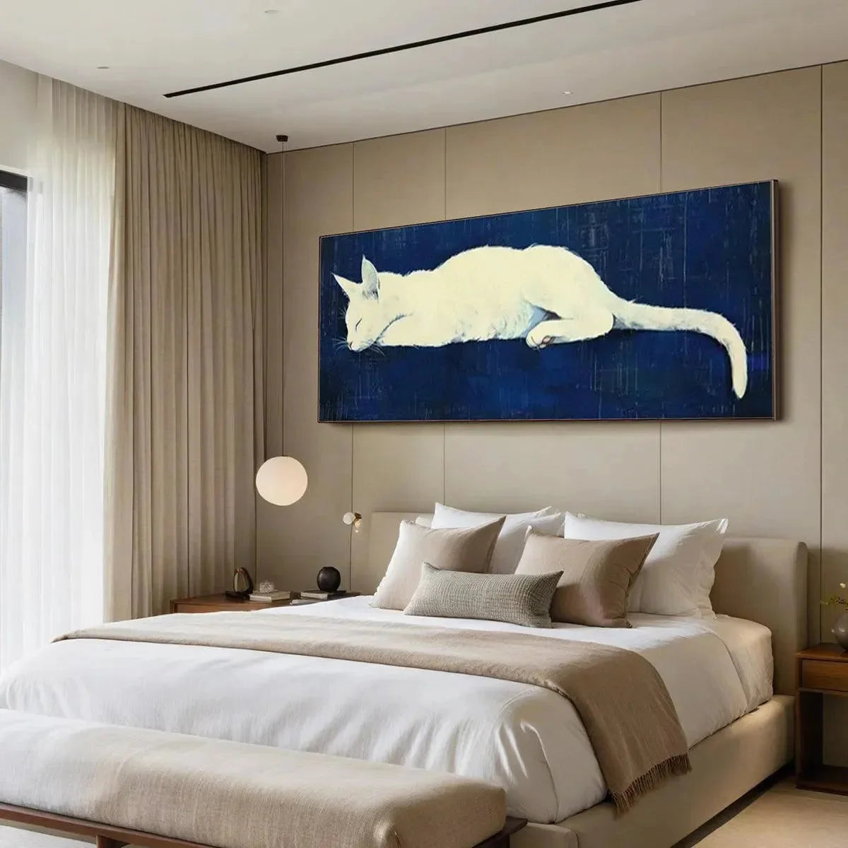 SLEEPING WHITE CAT PANORAMIC: Cat Painting, Panoramic Wall Art, Pet Portrait | multi-color palette, original oil on stretched canvas art