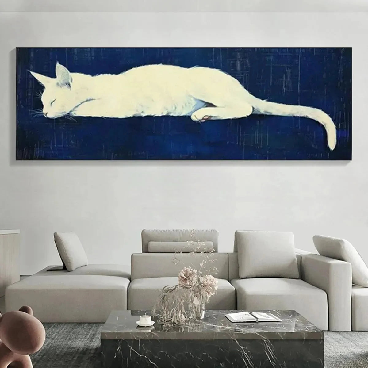 SLEEPING WHITE CAT PANORAMIC: Cat Painting, Panoramic Wall Art, Pet Portrait | texture detail, palette knife marks visible