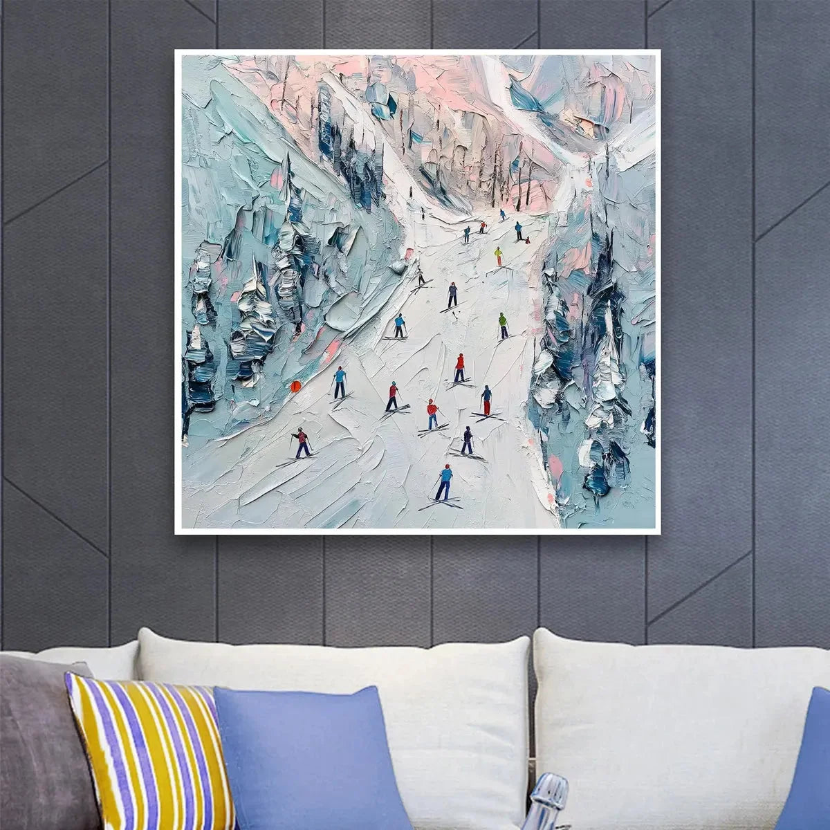 SLOPE LIFE: Textured Impasto Ski Slope Scene on Square Canvas | Abstract closeup, raised brushwork detail
