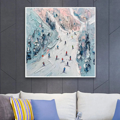 SLOPE LIFE: Textured Impasto Ski Slope Scene on Square Canvas | Abstract closeup, raised brushwork detail