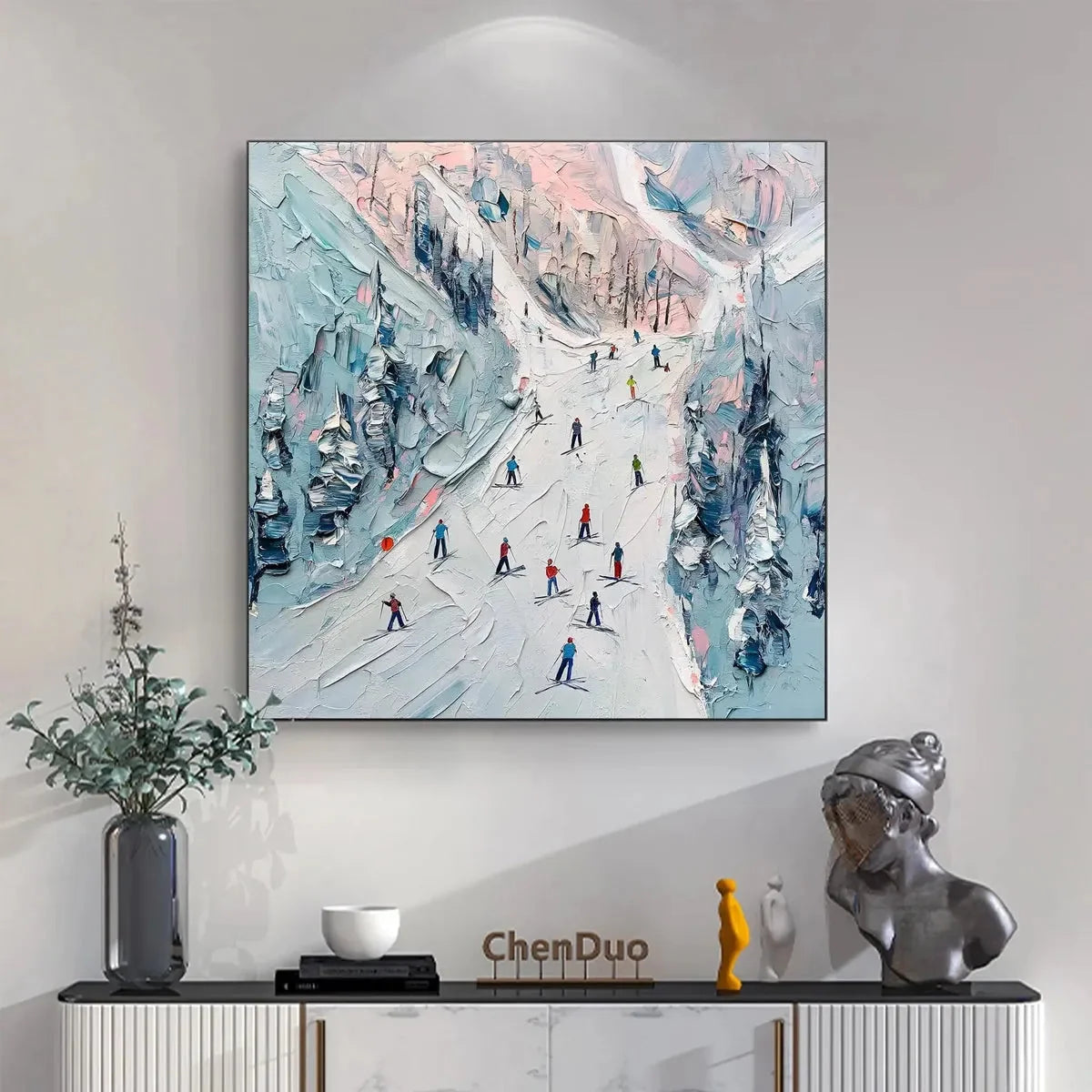 SLOPE LIFE: Textured Impasto Ski Slope Scene on Square Canvas | gold frame stretched on neutral wall