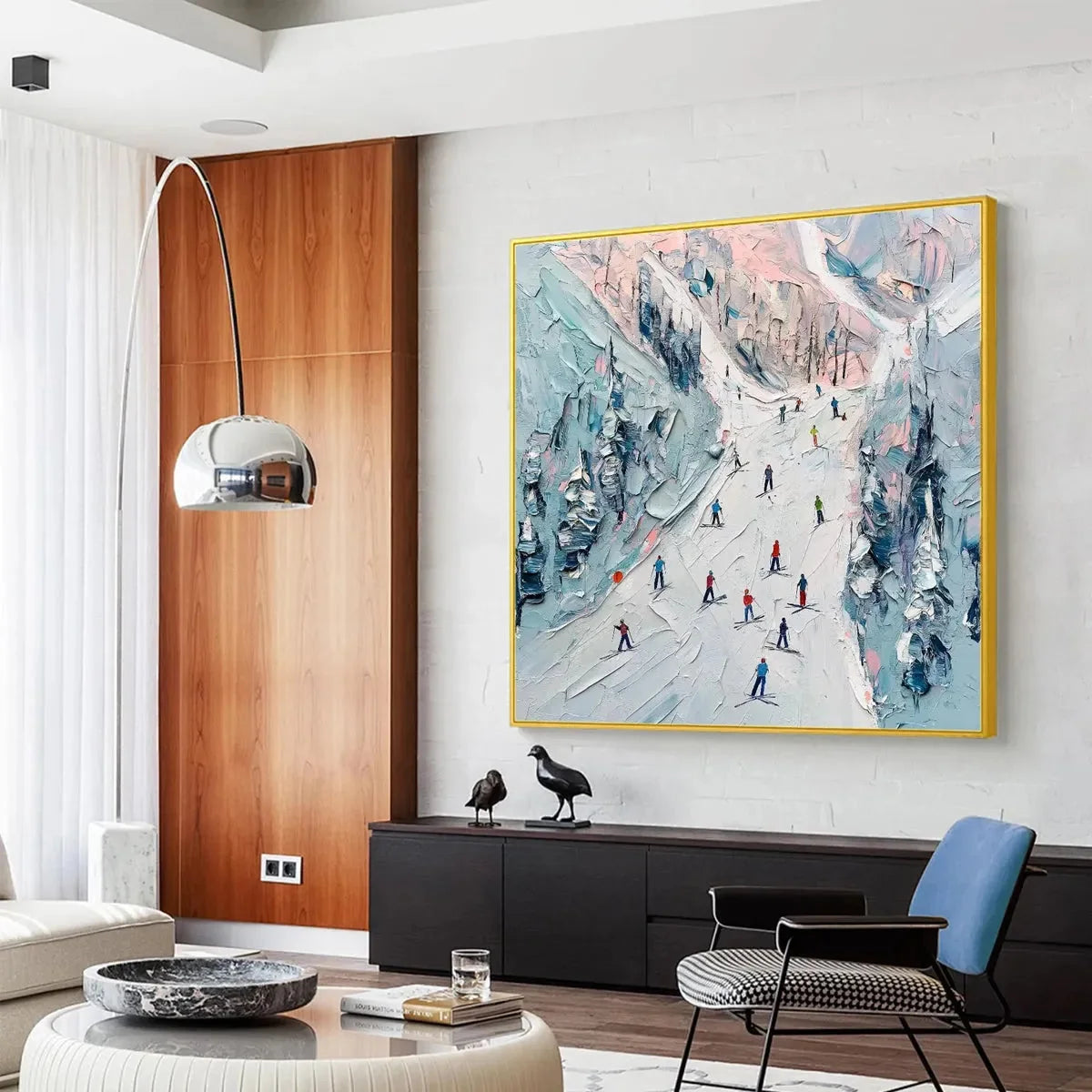 SLOPE LIFE: Textured Impasto Ski Slope Scene on Square Canvas | rolled canvas, ready for custom framing