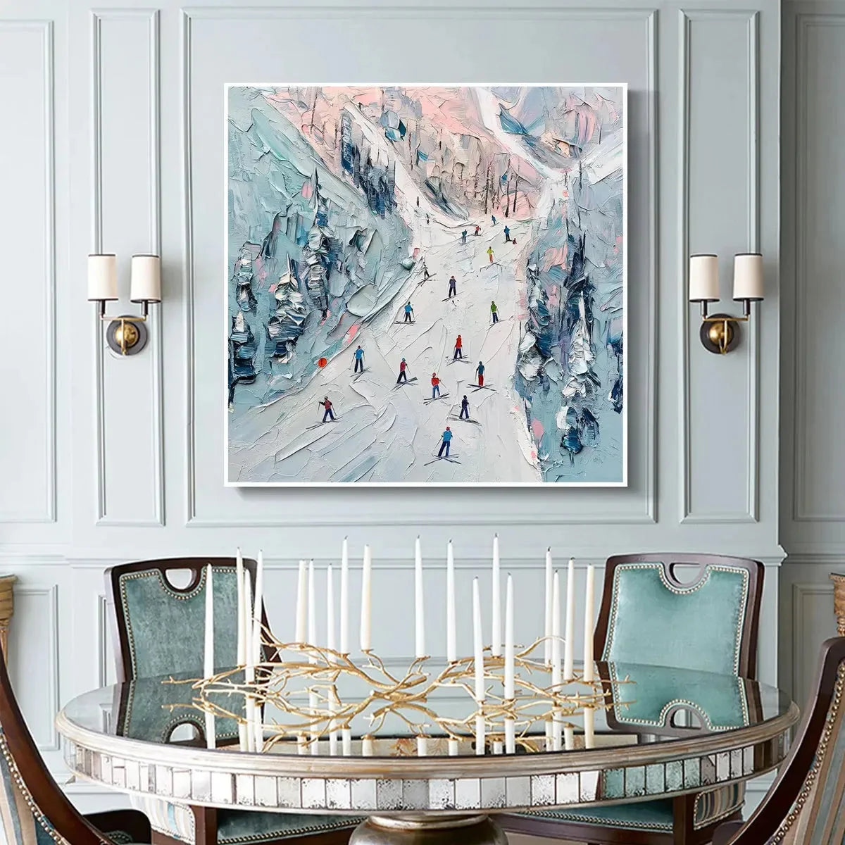 SLOPE LIFE: Textured Impasto Ski Slope Scene on Square Canvas | black frame version on white wall