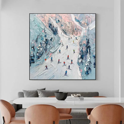 SLOPE LIFE: Textured Impasto Ski Slope Scene on Square Canvas | Abstract mood, soft natural light studio shot