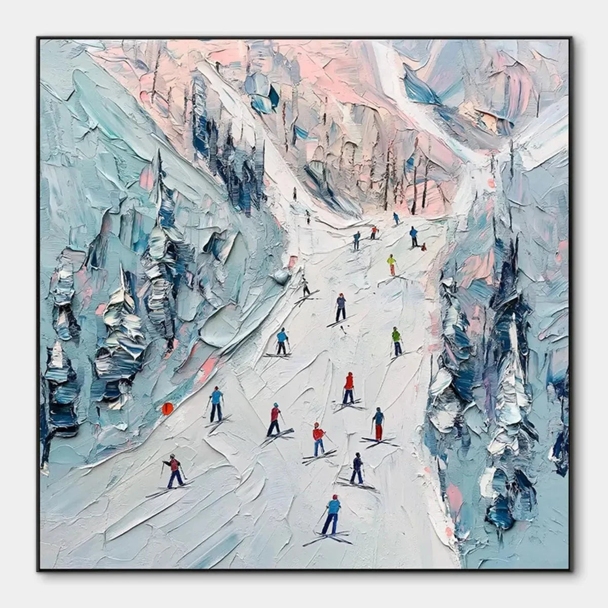SLOPE LIFE: Textured Impasto Ski Slope Scene on Square Canvas | hanging in living room, Abstract wall art