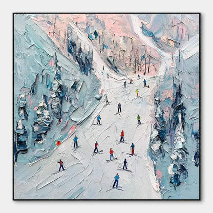SLOPE LIFE: Textured Impasto Ski Slope Scene on Square Canvas | hanging in living room, Abstract wall art