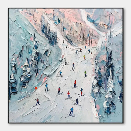 SLOPE LIFE: Textured Impasto Ski Slope Scene on Square Canvas | hanging in living room, Abstract wall art