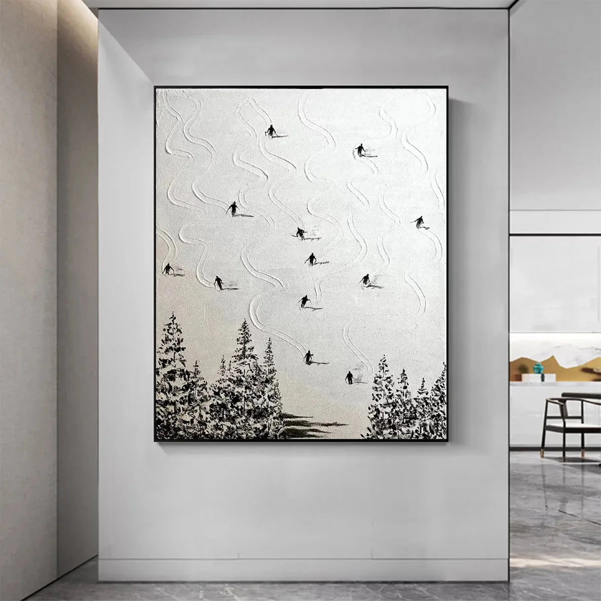 SNOW DANCE: Minimalist Skiing Painting on Textured Square Canvas | Minimalist closeup, raised brushwork detail