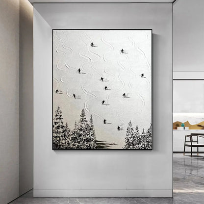 SNOW DANCE: Minimalist Skiing Painting on Textured Square Canvas | Minimalist closeup, raised brushwork detail