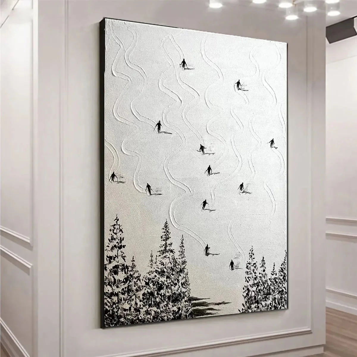 SNOW DANCE: Minimalist Skiing Painting on Textured Square Canvas | gold frame stretched on neutral wall