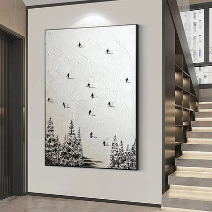 SNOW DANCE: Minimalist Skiing Painting on Textured Square Canvas | rolled canvas, ready for custom framing