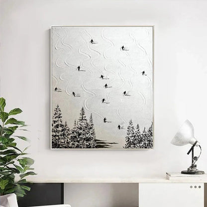 SNOW DANCE: Minimalist Skiing Painting on Textured Square Canvas | black frame version on white wall